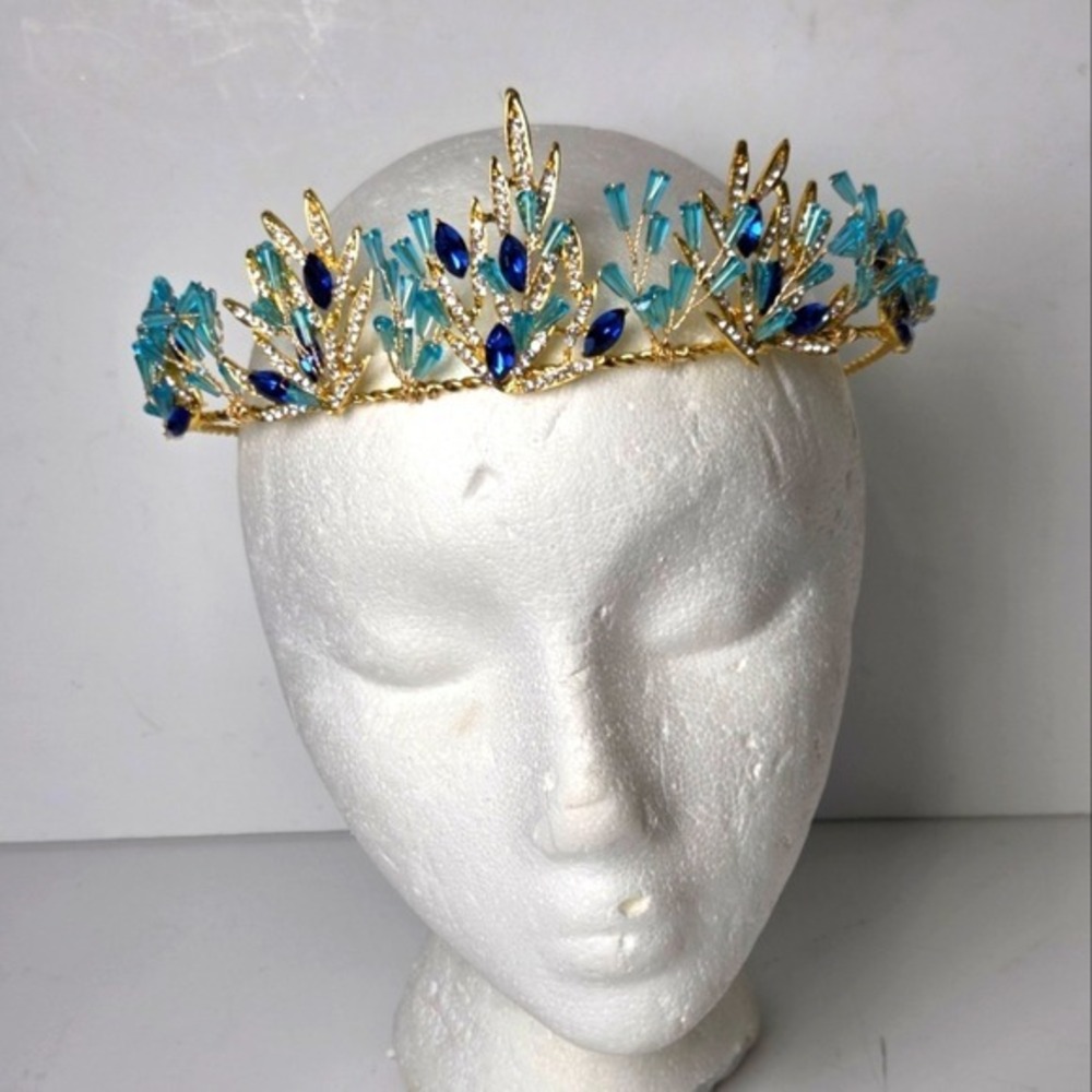 Aqua Blue Rhinestone Wedding Crown Bridal Gold Leaf Tiara Crown Headpiece Bridal